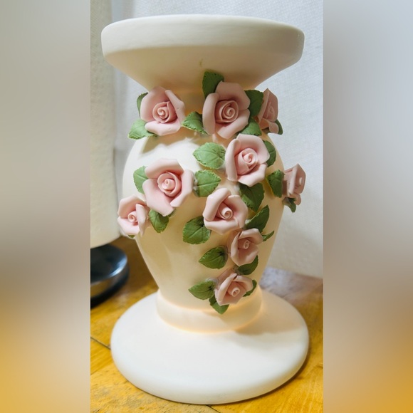 QVC Other - Porcelain pedestal lighted candle holder. Pink roses with green leaves.